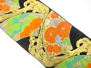 アンティーク　荒波に地紙・菊・楓模様織出し袋帯（着用可）